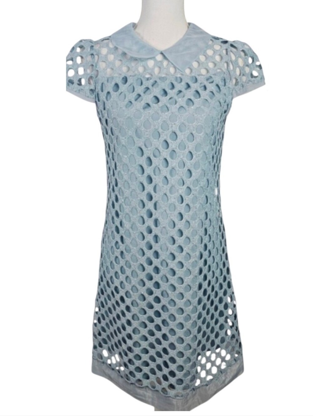 Light Blue Sheath Dress Large Peter Pan Collar Eyelet Mesh Overlay Mod L
